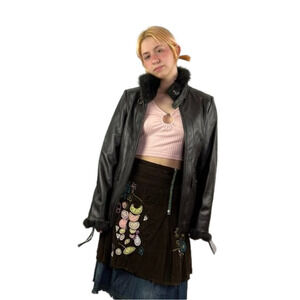 Via Spiga Brown Leather Jacket with Rabbit Fur Trim XS